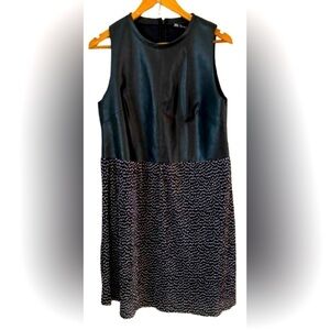 Zara Woman blk vegan lthr w pleated skrt midi dress SZ L matrix night out